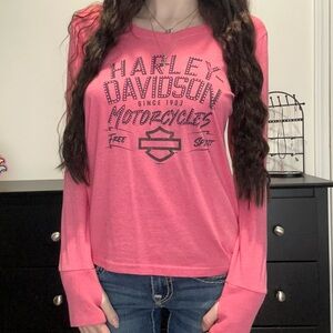 Harley-Davidson Pink Studded Logo V-Neck Long Sleeve